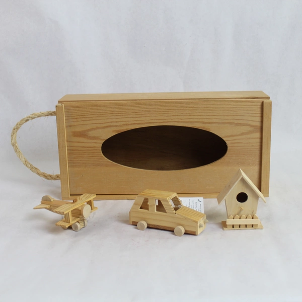 Lot of 4 Unstained Wooden Crafts: Tissue Holder, Car, Plane, Birdhouse