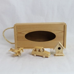 Lot of 4 Unstained Wooden Crafts: Tissue Holder, Car, Plane, Birdhouse