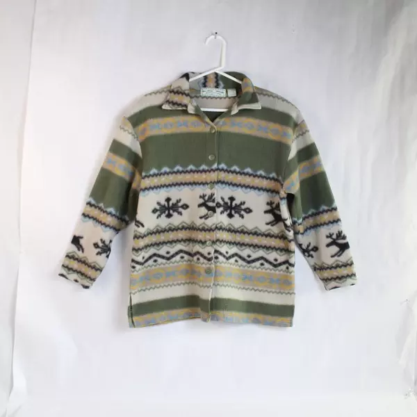 Vintage Emerald Ilse Women's Jacket L Taupe Green Deer Snowflakes Fleece