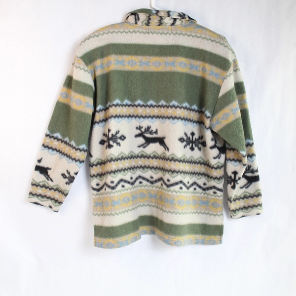 Vintage Emerald Ilse Women's Jacket L Taupe Green Deer Snowflakes Fleece