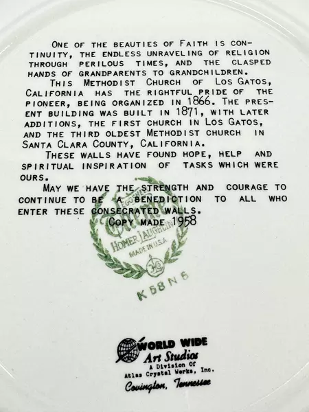 World Wide Art Studios Homer Laughlin Los Gatos CA Methodist Church Plate