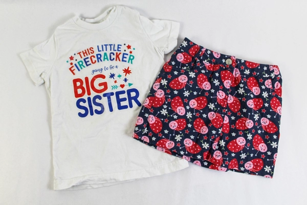 Lot of 2 Toddler Size 3 Big Sister T-Shirt & Ladybug Skort Red White Blue