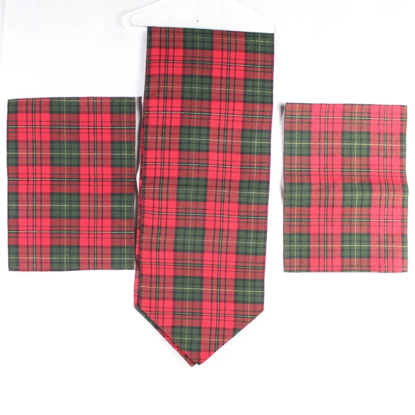 Christmas Table Runner & 2 Placemats Red Green Plaid Holiday Set - Pre-owned