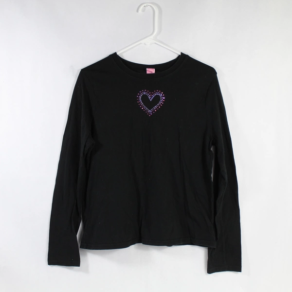 Girls' XXL Black Long Sleeve Shirt with Rhinestone Heart Accent, Pre-owned