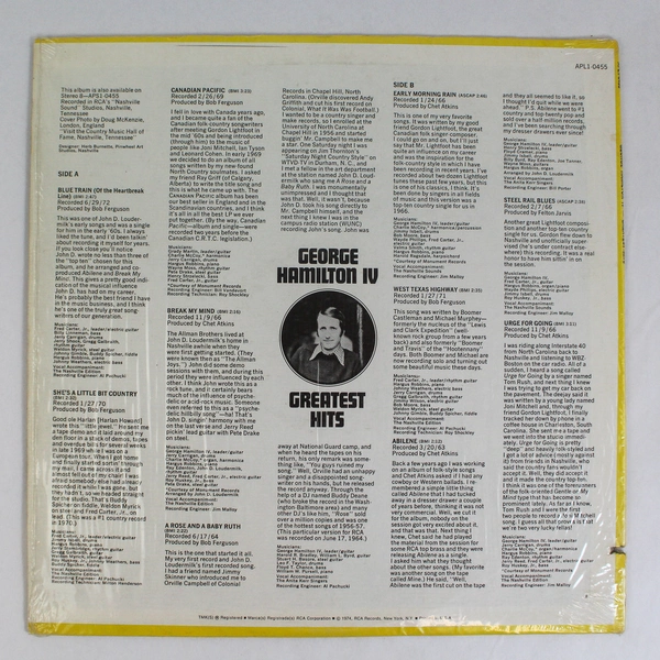 George Hamilton IV Greatest Hits Vinyl Record RCA Victor APL10455 Used