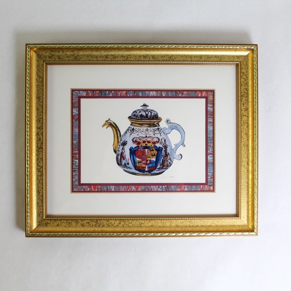 V Morland Framed Matted Art Print Asian Teapot Gold Toned Frame Home Decor