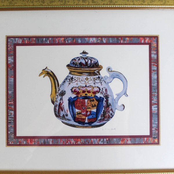 V Morland Framed Matted Art Print Asian Teapot Gold Toned Frame Home Decor