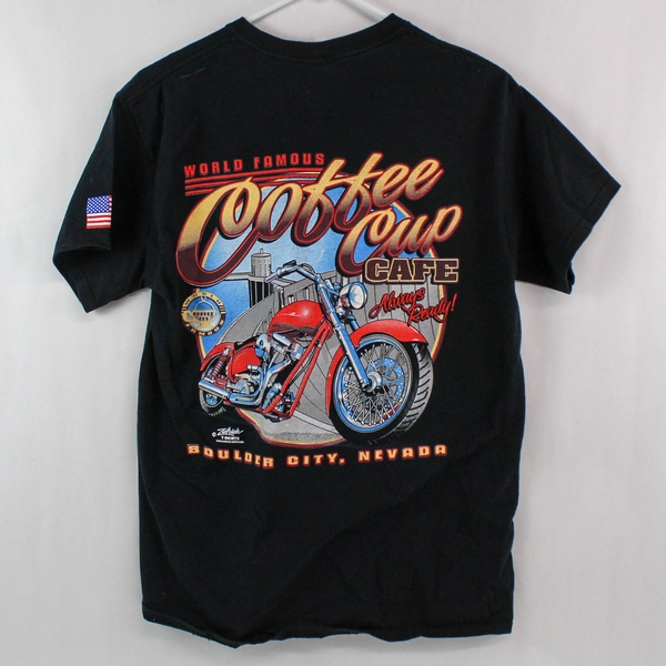 Gildan Men's Black Tee Shirt World Famous Coffee Cup Cafe Nevada M 26.5"