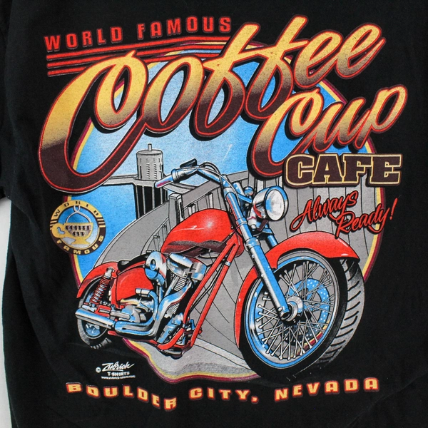 Gildan Men's Black Tee Shirt World Famous Coffee Cup Cafe Nevada M 26.5"