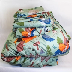 Oeko-Tex Queen Comforter Set Pillowcases Flat Fitted Sheets Green Forest Animals