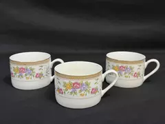 Set of 3 Farberware Bellini Floral Coffee Cups Gold Edge & Tan Rim