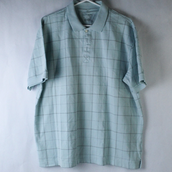 Van Heusen Polo Shirt Men's Size Large Baby Blue Brown Plaid Short Sleeves