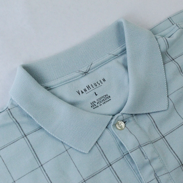 Van Heusen Polo Shirt Men's Size Large Baby Blue Brown Plaid Short Sleeves