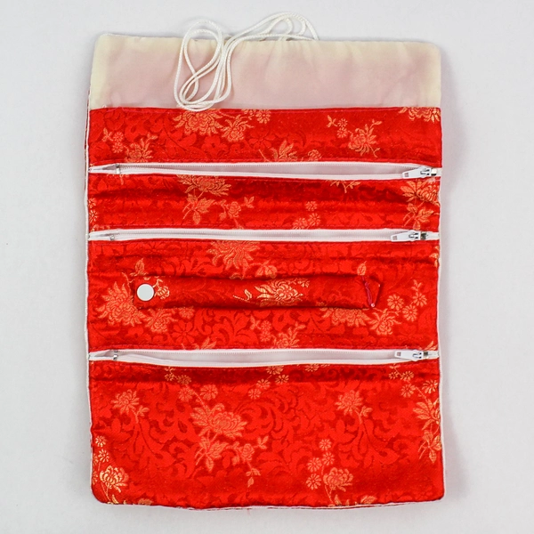 Oriental Style Red Cosmetic Makeup Bag Travel - 3 Sections, Zip Closure