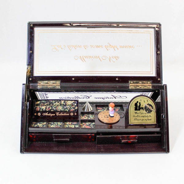 Vintage Musical Jewelry Box Triangular Shape with 2 Drawers, Burgundy