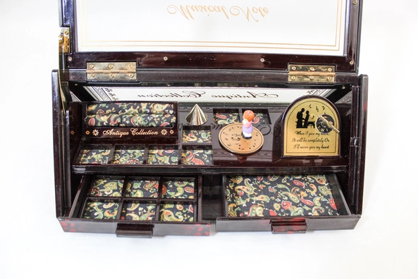 Vintage Musical Jewelry Box Triangular Shape with 2 Drawers, Burgundy