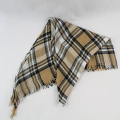 Plaid Triangle Shawl Wrap Beige Gray White Black Fringe 86" Long One Size