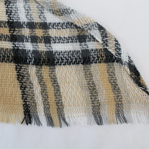 Plaid Triangle Shawl Wrap Beige Gray White Black Fringe 86" Long One Size