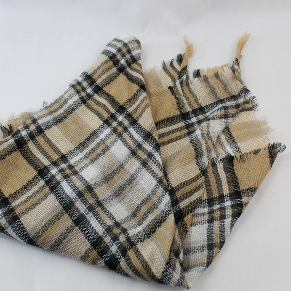 Plaid Triangle Shawl Wrap Beige Gray White Black Fringe 86" Long One Size