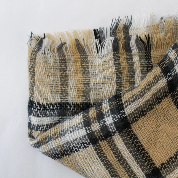 Plaid Triangle Shawl Wrap Beige Gray White Black Fringe 86" Long One Size