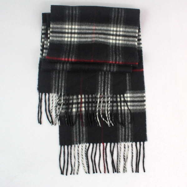 V. Fraas Black White Red Plaid Scarf Wrap Shawl Fringe 62"x9" Very Good
