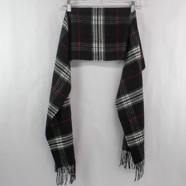 V. Fraas Black White Red Plaid Scarf Wrap Shawl Fringe 62"x9" Very Good