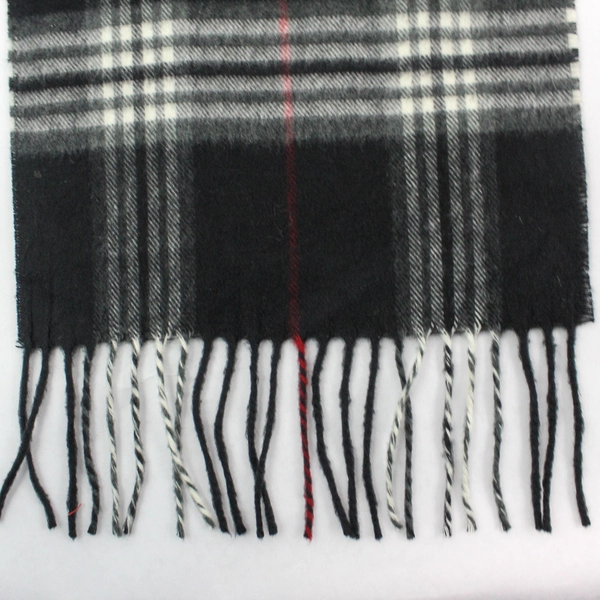 V. Fraas Black White Red Plaid Scarf Wrap Shawl Fringe 62"x9" Very Good