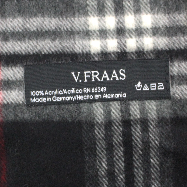 V. Fraas Black White Red Plaid Scarf Wrap Shawl Fringe 62"x9" Very Good