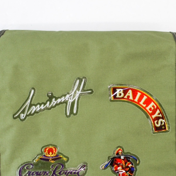 Green Backpack with Captain Morgan, Crown Royal & Smirnoff Logos - 14" Tall