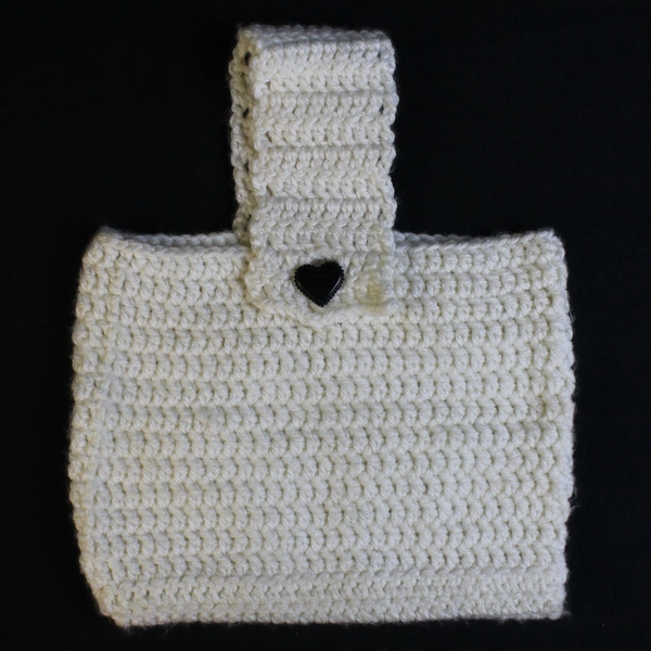 Handmade Knit Crochet Tote Bag Purse White One Handle Black Heart Button Closure