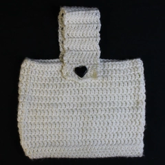 Handmade Knit Crochet Tote Bag Purse White One Handle Black Heart Button Closure
