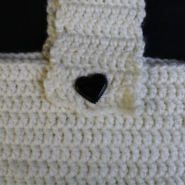 Handmade Knit Crochet Tote Bag Purse White One Handle Black Heart Button Closure