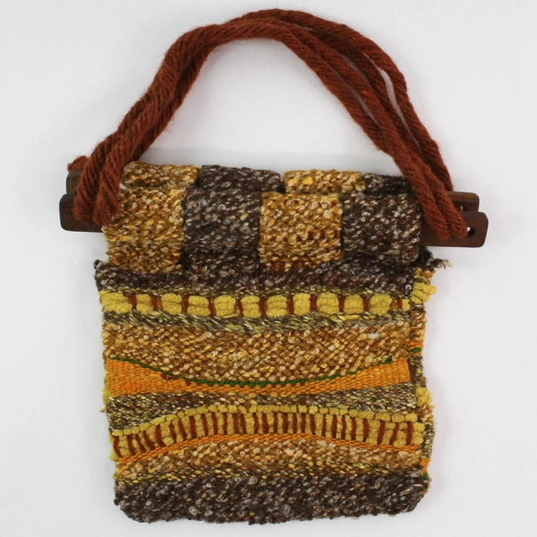 Macrame Style Tote Bag Purse Yellow Brown Orange Two Handles Open Closure