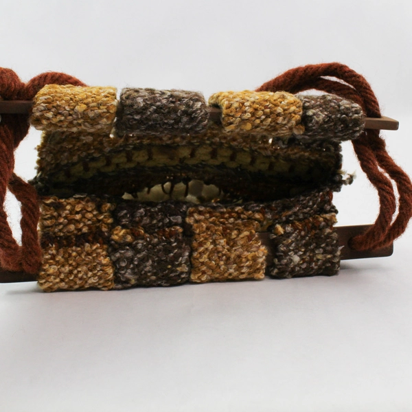 Macrame Style Tote Bag Purse Yellow Brown Orange Two Handles Open Closure