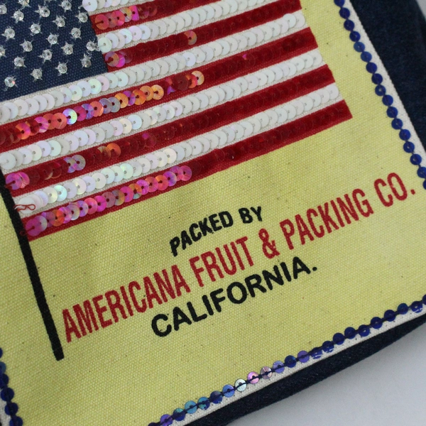Sling Old Glory Americana Fruit & Packing Blue Jean Tote Bag US Flag Sequins NWT