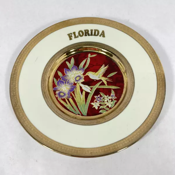 Chokin Florida 6" Souvenir Plate Hummingbird & Daffodil 24k Gold Edge