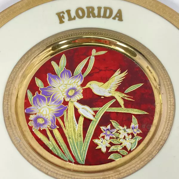 Chokin Florida 6" Souvenir Plate Hummingbird & Daffodil 24k Gold Edge