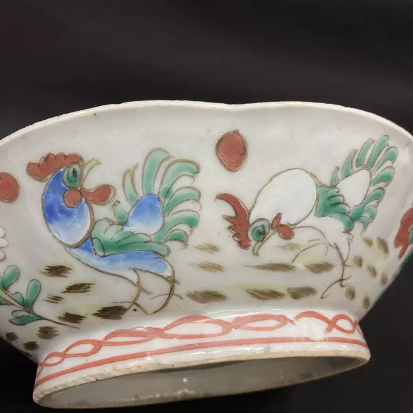 19th Century Nyonya Porcelain Bowl Rooster Flower Design Made in China As-Is