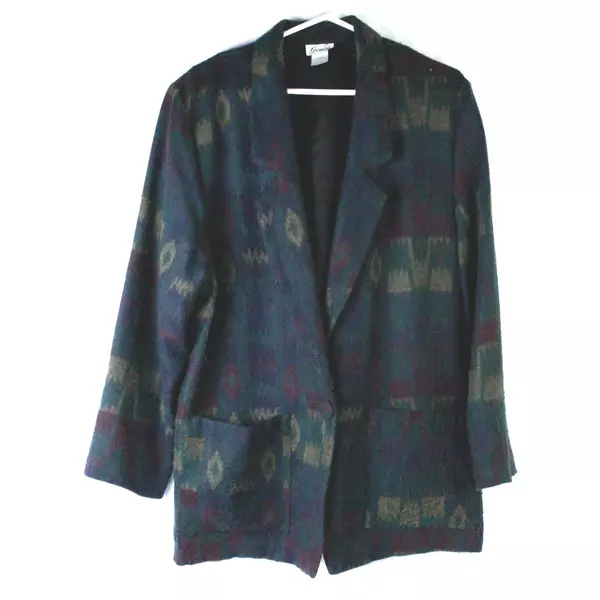 Vintage Gemini Woven Blazer Jacket Green Blue Southwestern 80s Women's Large