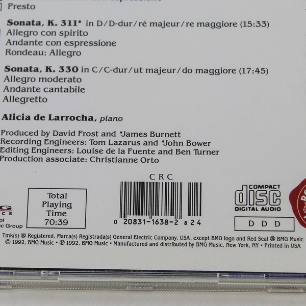 Alicia De Larrocha Mozart Piano Sonatas CD 1992 RCA Victor BMG - Good Condition