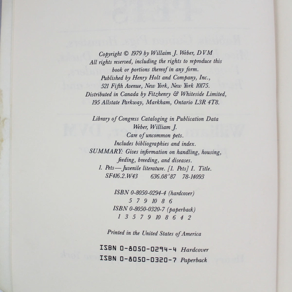 Care of Uncommon Pets by William J. Weber DVM 1987 Paperback - Pre-Owned