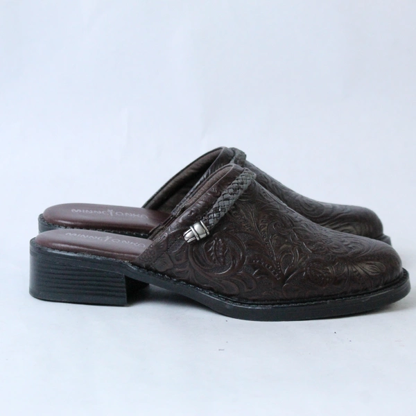 Minnetonka Women's Size 5 Brown Floral Leather Slip-On Clogs 6042