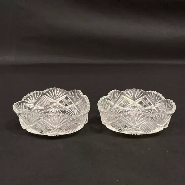 Lot of 2 Triangle Shaped Cut Glass Bowls Sawtooth Rim Palm Pattern