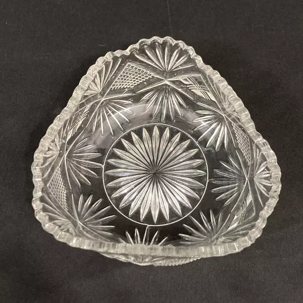 Lot of 2 Triangle Shaped Cut Glass Bowls Sawtooth Rim Palm Pattern