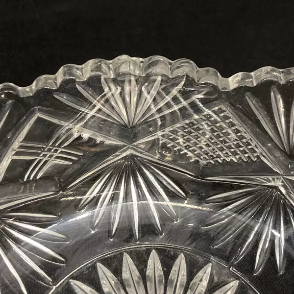 Lot of 2 Triangle Shaped Cut Glass Bowls Sawtooth Rim Palm Pattern