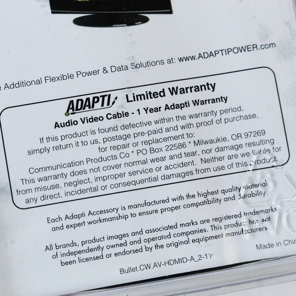 Adapti 5ft HDMI Video Cable HDMI-D to HDMI-A - Brand New, High Definition