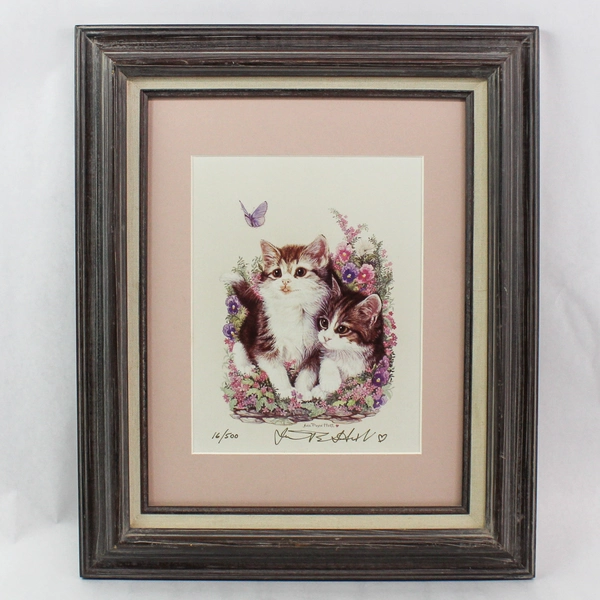 June Payne Hart Signed 16/500 Framed Matted Art Print Kittens Flowers No Glass