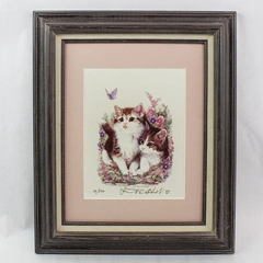 June Payne Hart Signed 16/500 Framed Matted Art Print Kittens Flowers No Glass