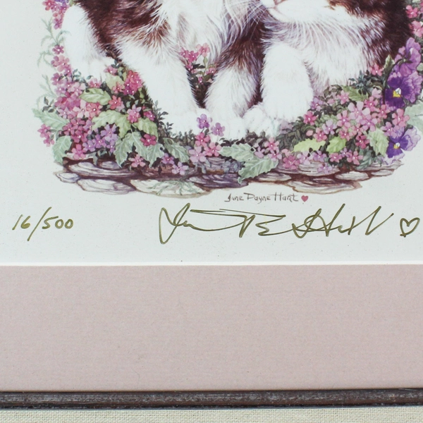June Payne Hart Signed 16/500 Framed Matted Art Print Kittens Flowers No Glass