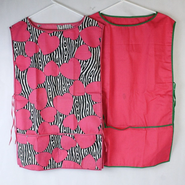Lot of 2 Smock Aprons Pink Hearts Zebra Stripes - Pre-Owned Stains